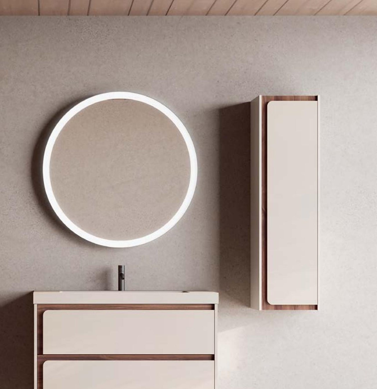 Vasque posée et miroir rond rétro-éclairé